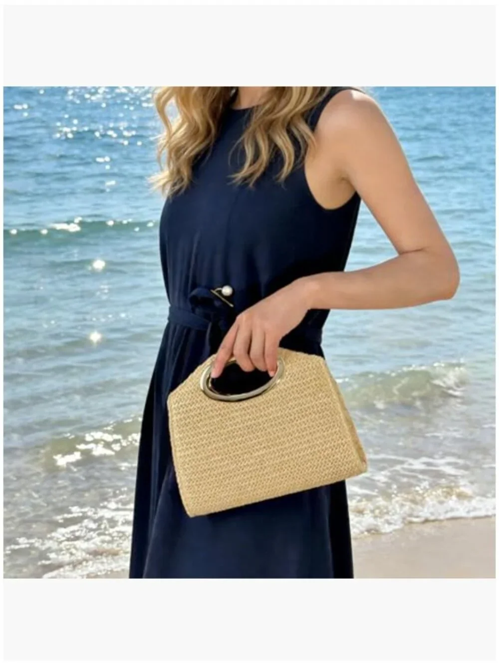 Woven Straw Clutch with Gold Chain, Top Handle Evening Bag - Picture 3 of 7